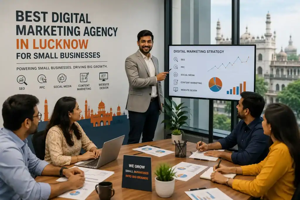 Business presentation on digital marketing strategies at a Lucknow agency.
