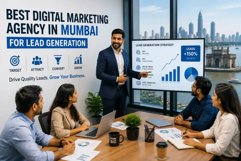 Digital marketing agency presentation in Mumbai with growth charts and team discussion.