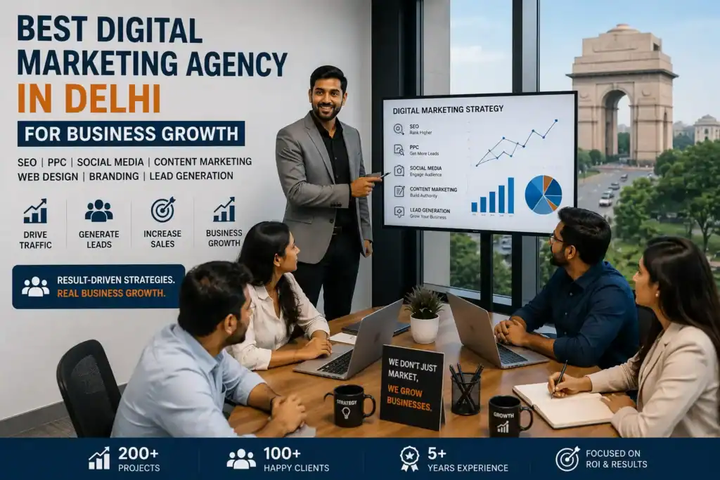 Team discussing digital marketing strategies in a modern office in Delhi.