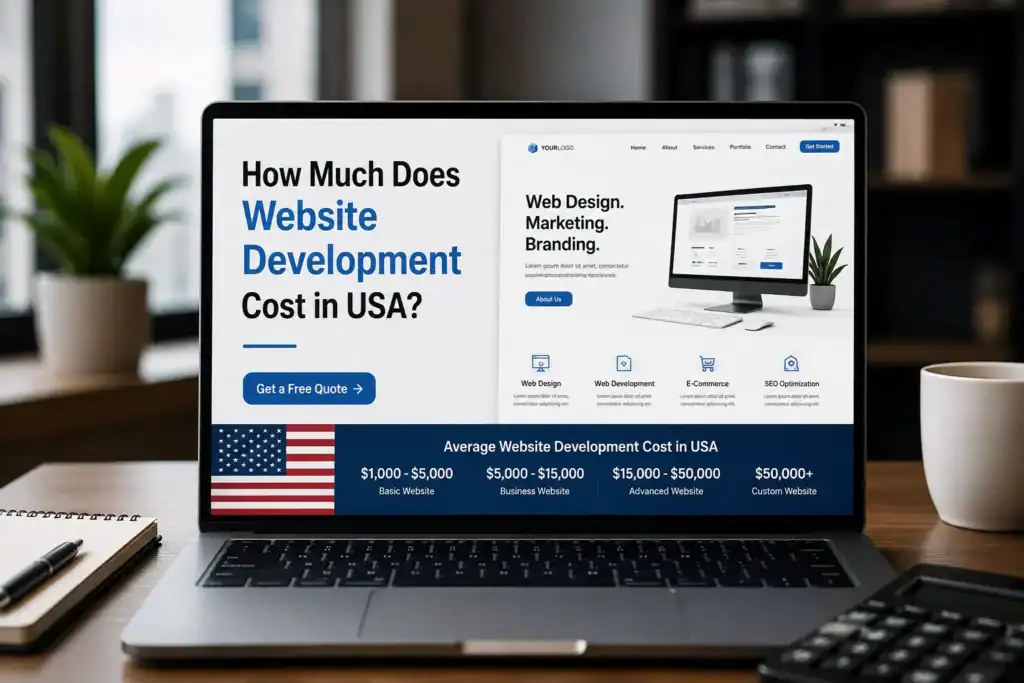 Laptop displaying website development pricing and services in USA.