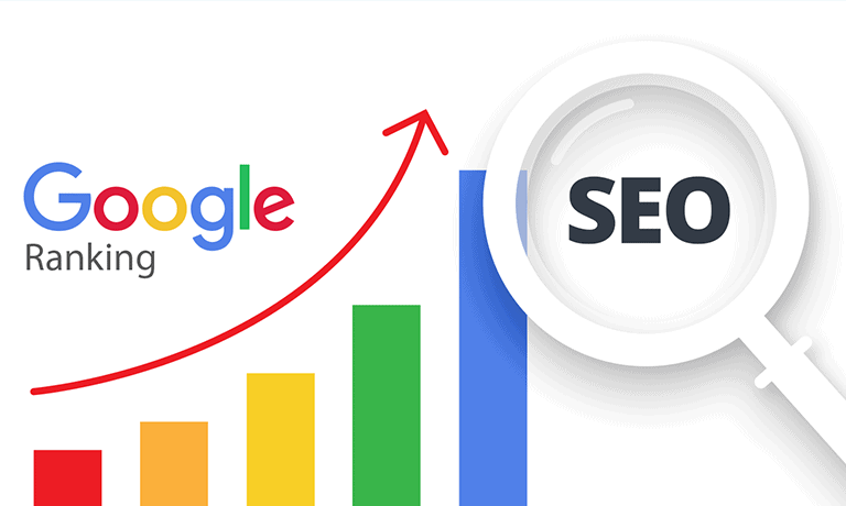 SEO growth chart with magnifying glass and Google ranking arrow.